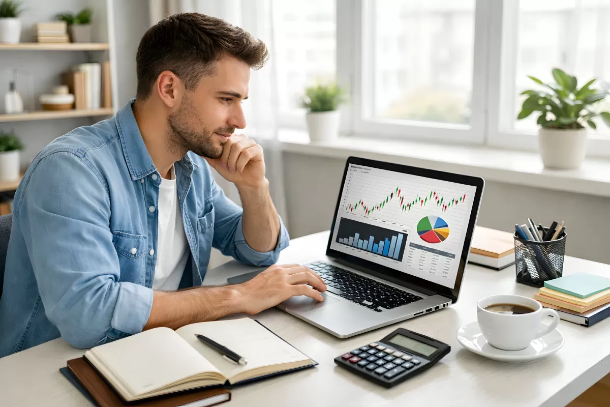 Mann analysiert Finanzdaten und Geschäftsdiagramme auf Laptop