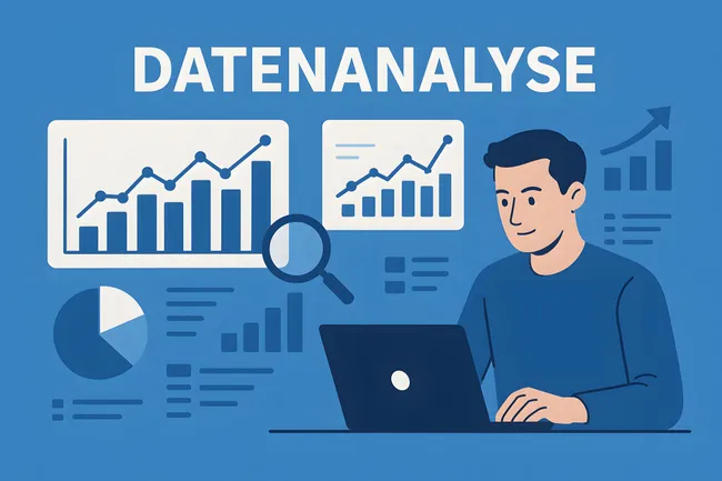 Mann analysiert Geschäftsdaten mit Diagrammen und Laptop
