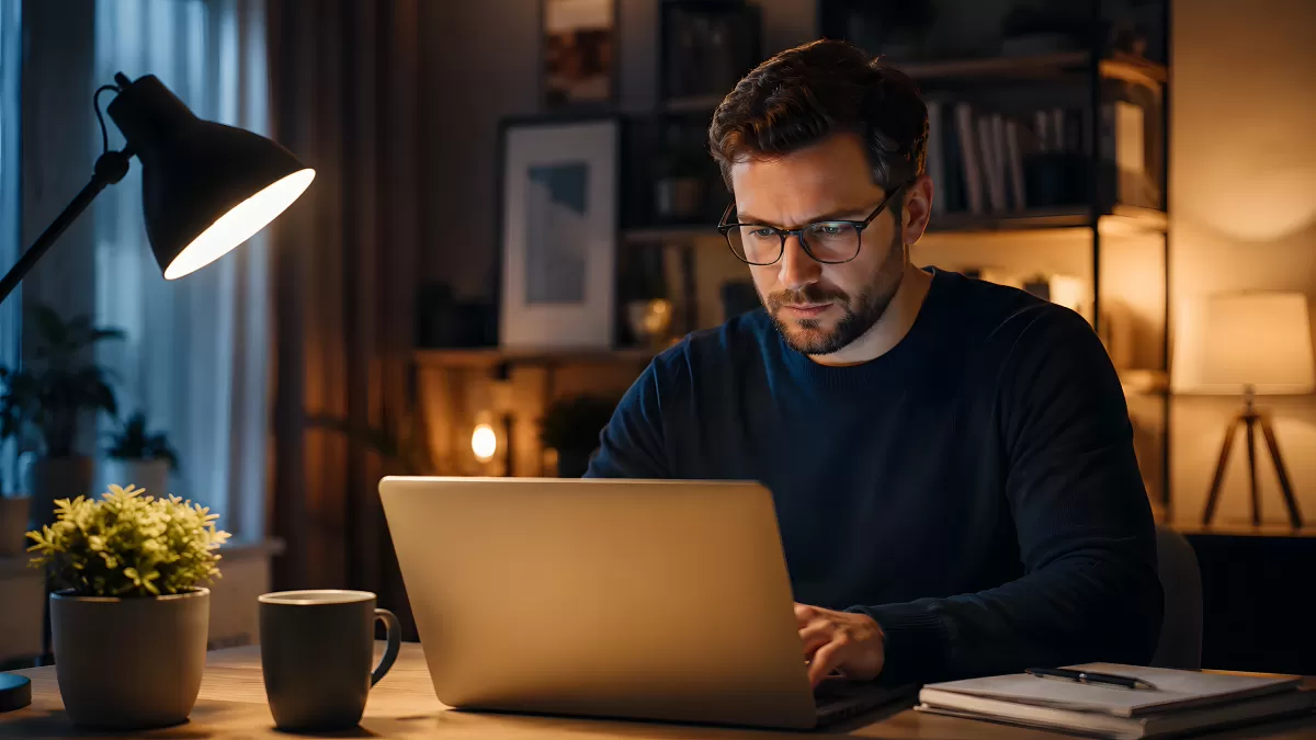 Mann arbeitet abends konzentriert am Laptop zu Hause