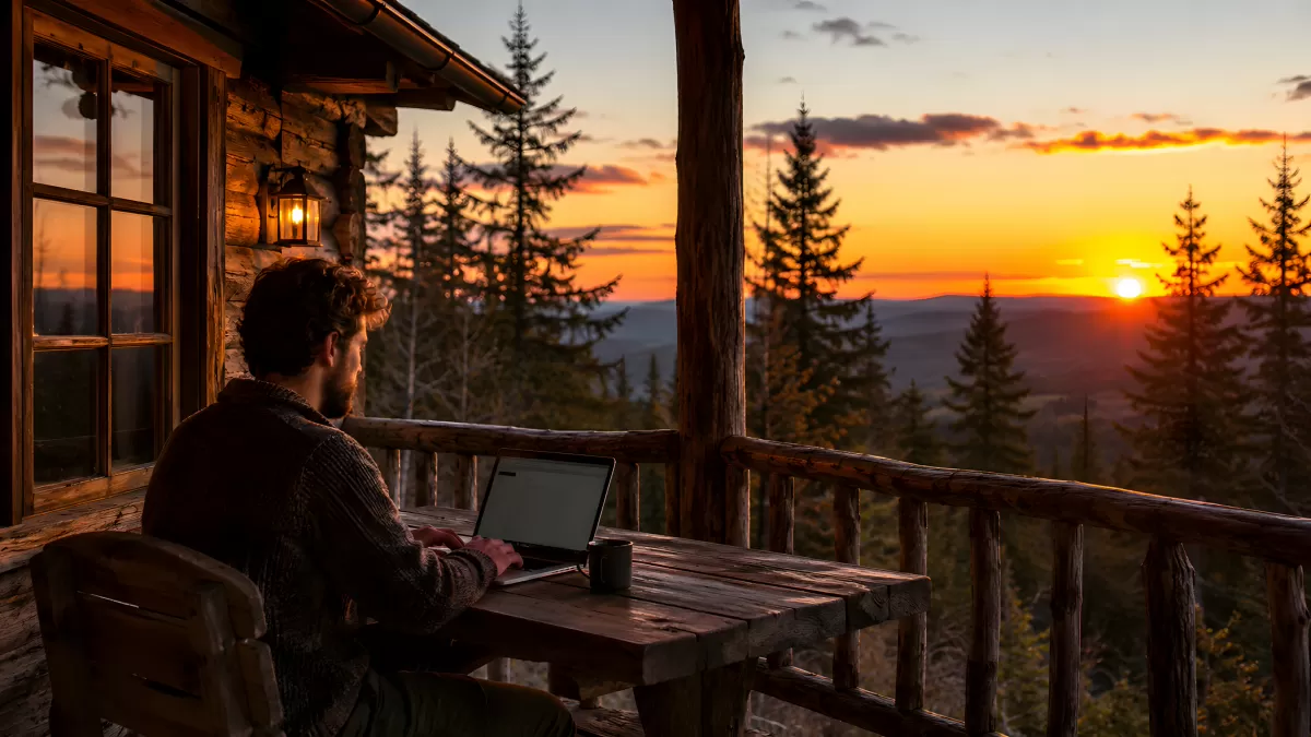 Mann arbeitet am Laptop auf Berghütten-Veranda bei Sonnenuntergang