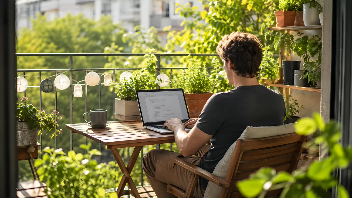 Mann arbeitet am Laptop auf sonnigem Balkon