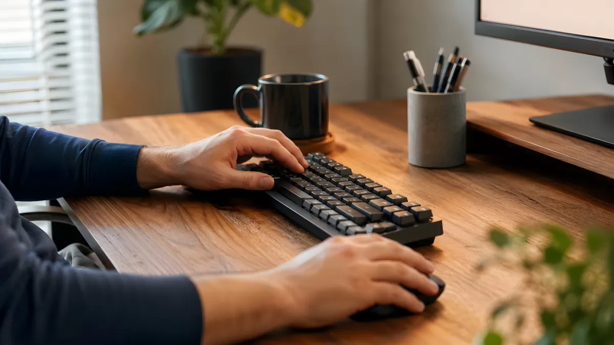 Mann arbeitet am Schreibtisch mit Tastatur und Maus — Bild kostenlos herunterladen