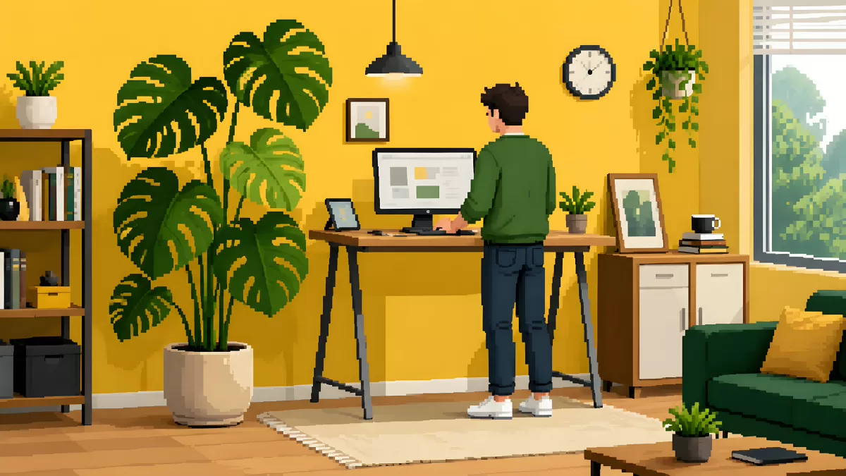 Mann arbeitet am Stehschreibtisch im Homeoffice