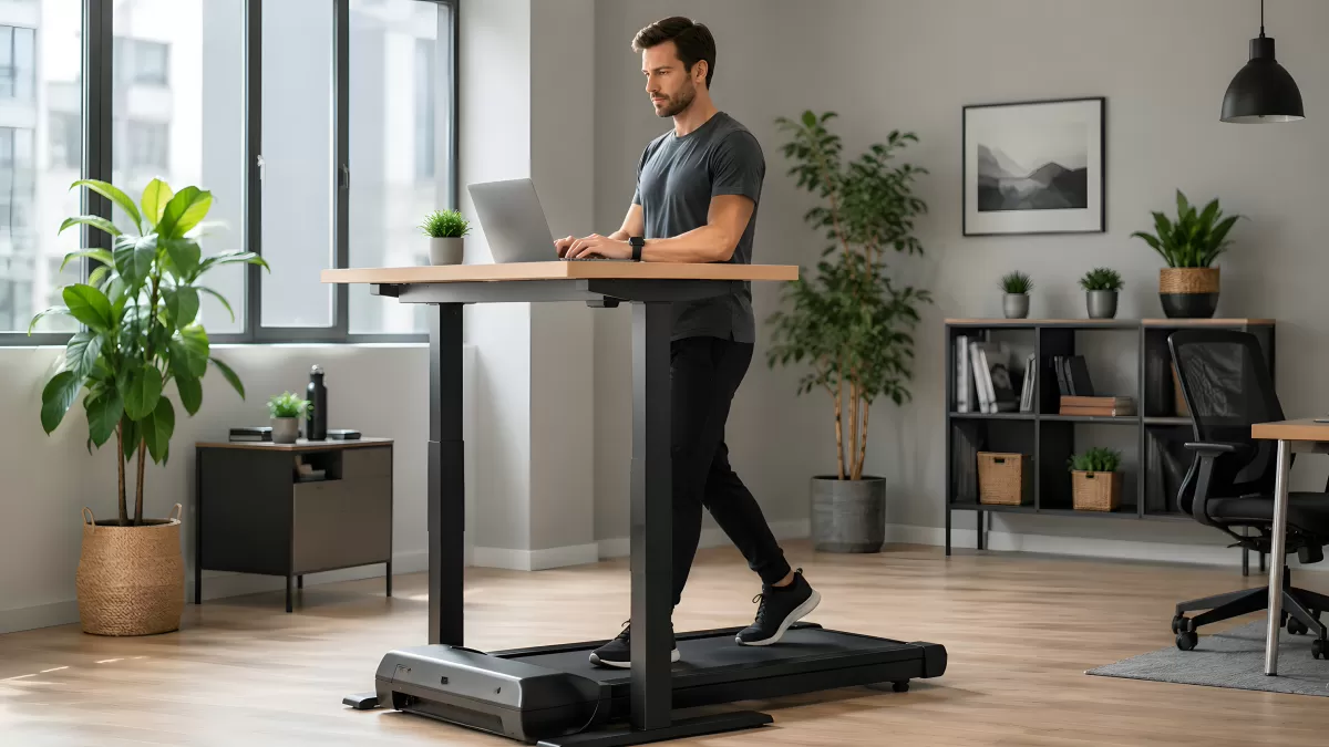 Mann arbeitet gehend am Laufband-Schreibtisch im Büro