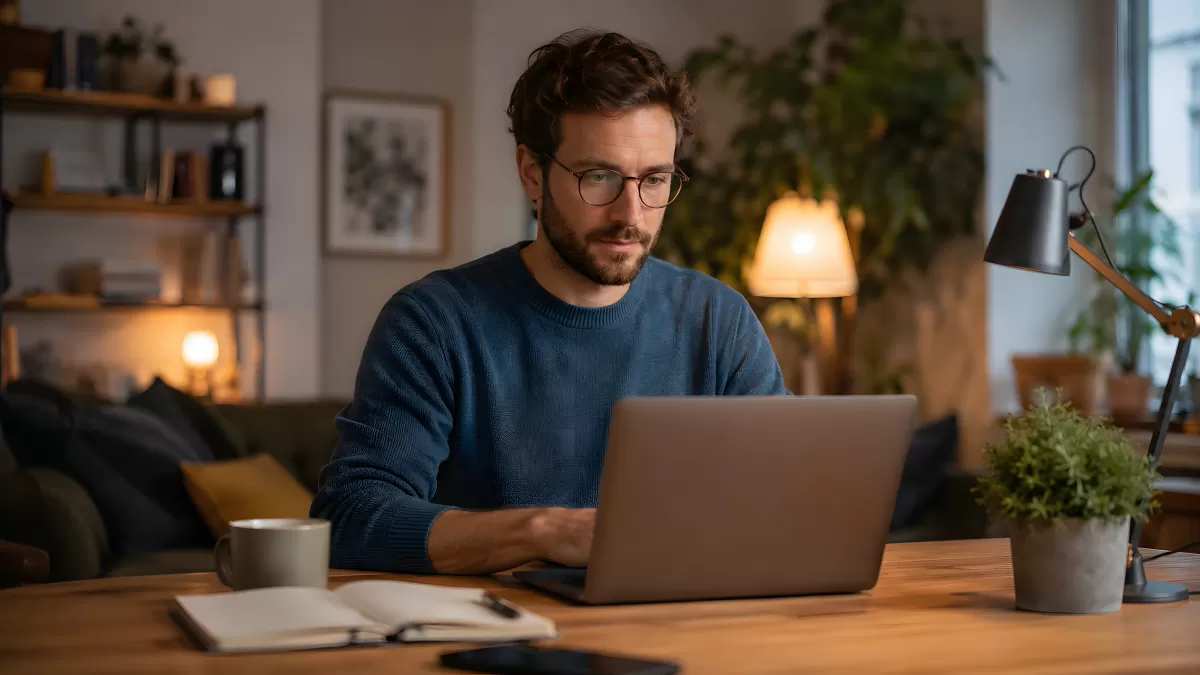Mann arbeitet konzentriert am Laptop im Homeoffice