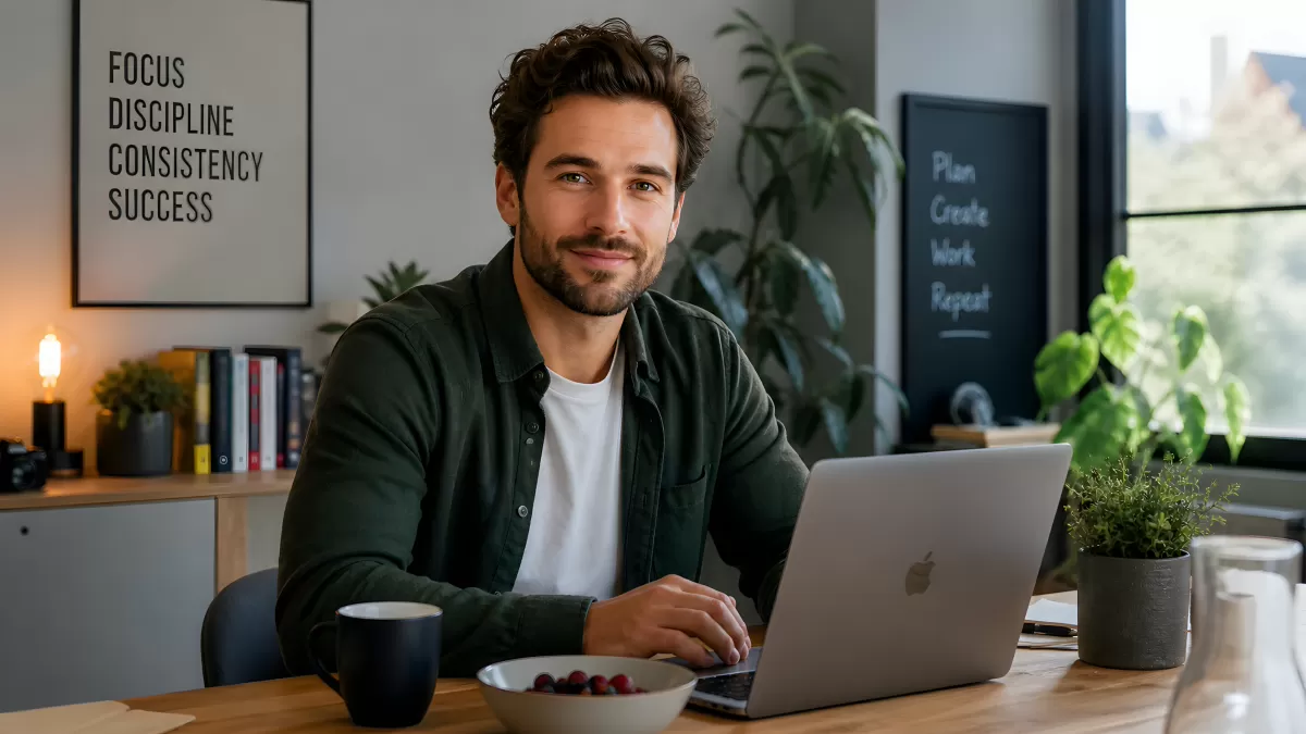 Mann arbeitet motiviert am Laptop im modernen Homeoffice