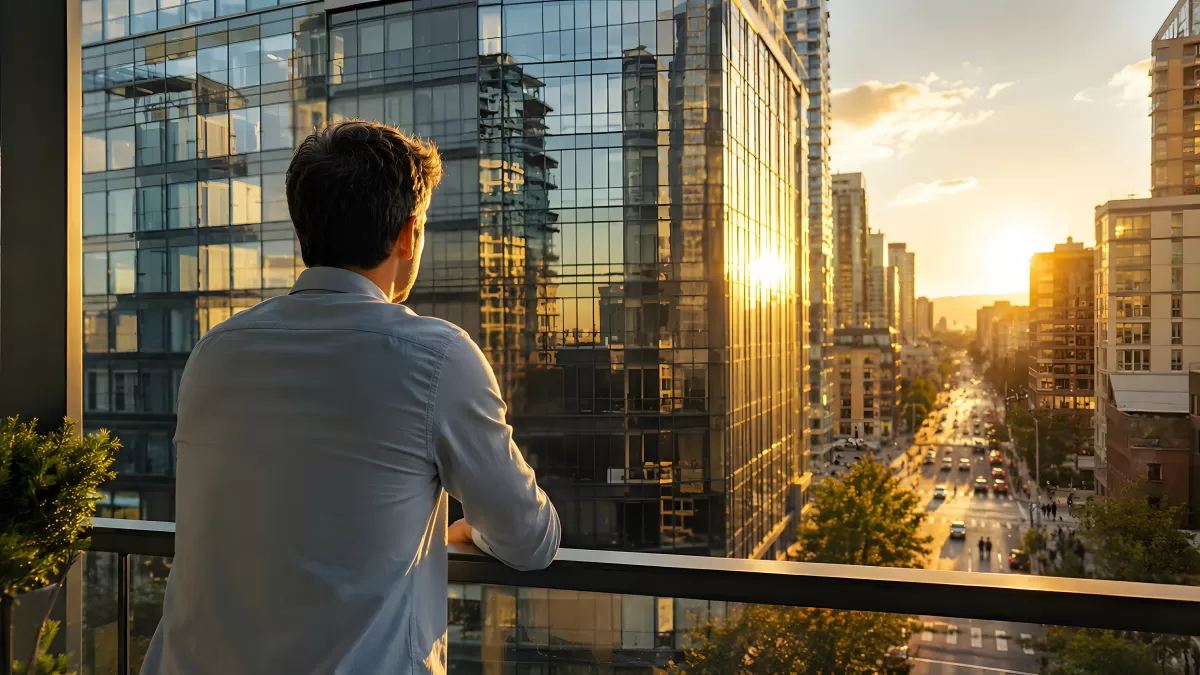 Mann auf Balkon blickt bei Sonnenuntergang auf Stadtkulisse