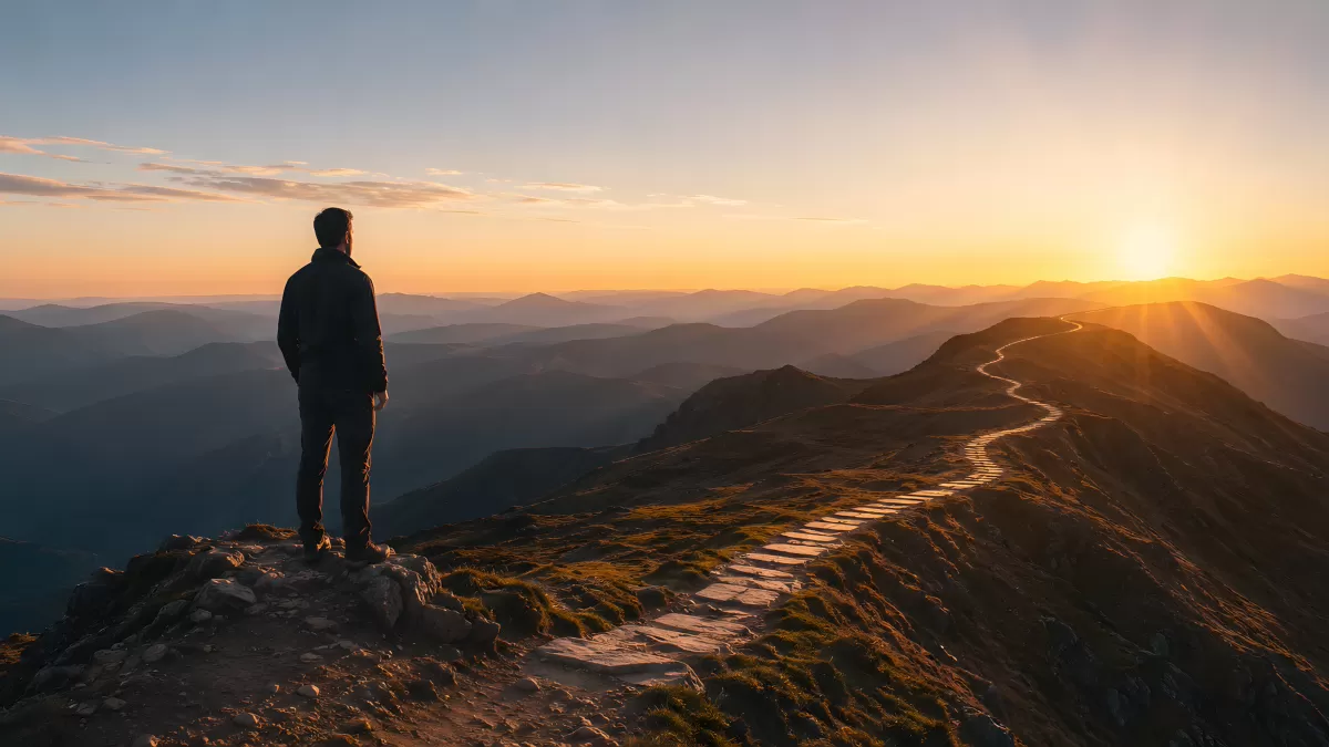 Mann auf Berggipfel blickt in den Sonnenuntergang