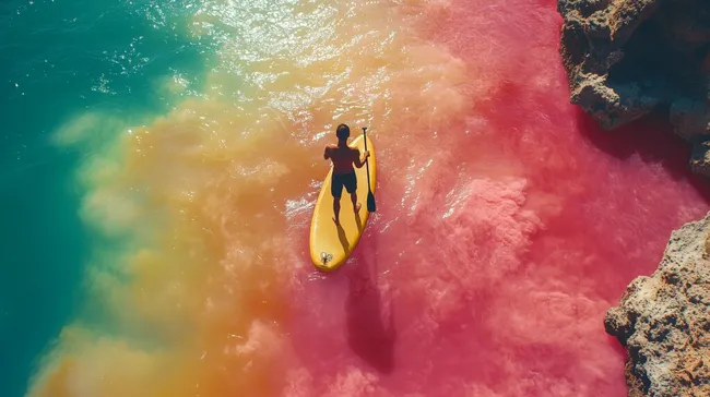 Mann auf buntem Surfbrett im türkisblauen Meer