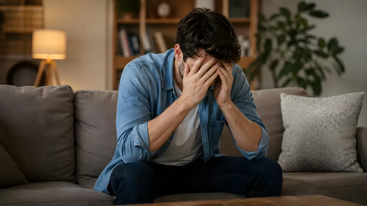 Mann auf Sofa hält Kopf in Händen vor Verzweiflung