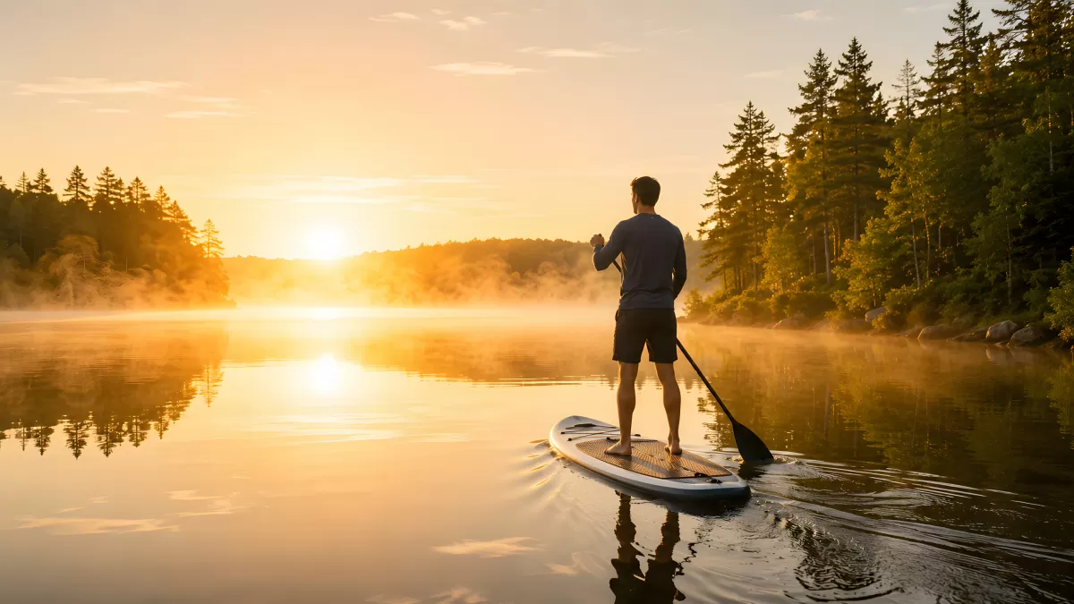 Mann auf Stand-up-Paddle-Board bei goldenem Sonnenaufgang