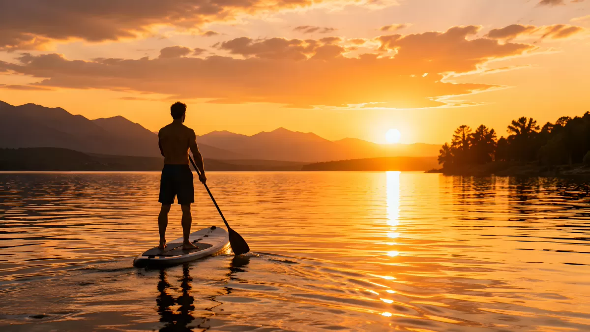 Mann auf Stand-up-Paddle-Board bei Sonnenuntergang