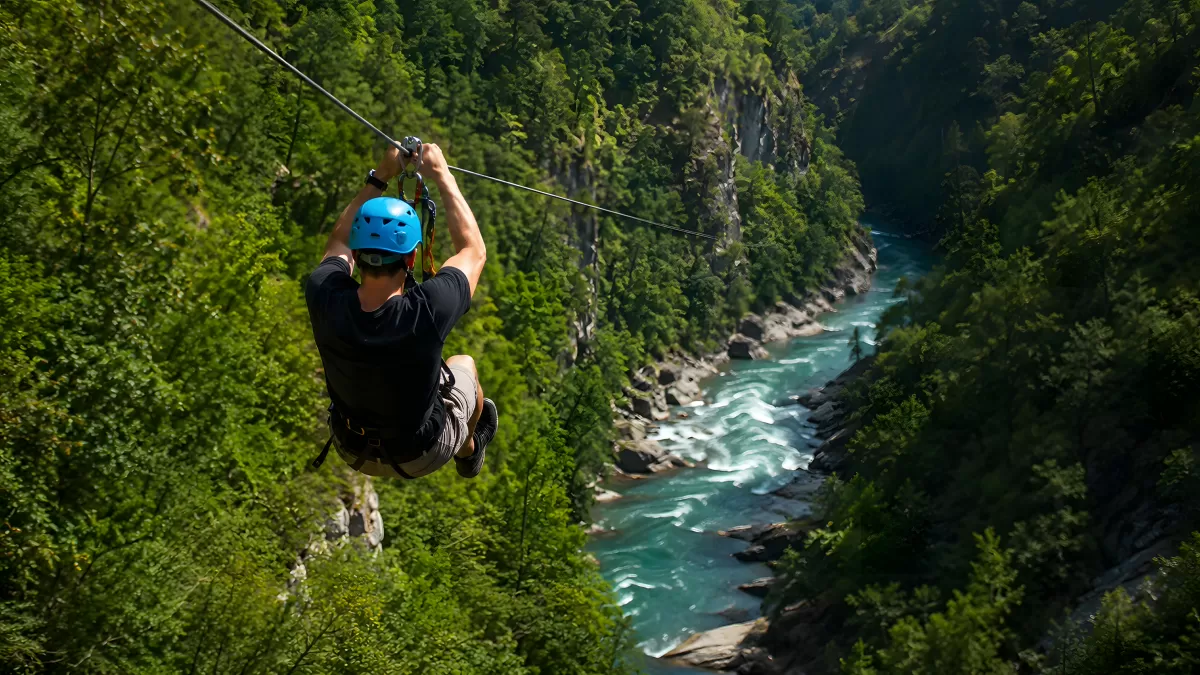 Mann auf Zipline über türkisem Fluss im Bergwald