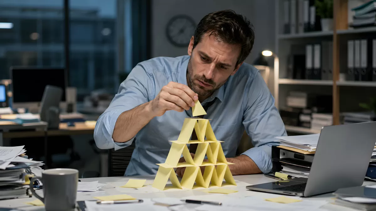 Mann baut Kartenhaus aus Haftnotizen im Büro