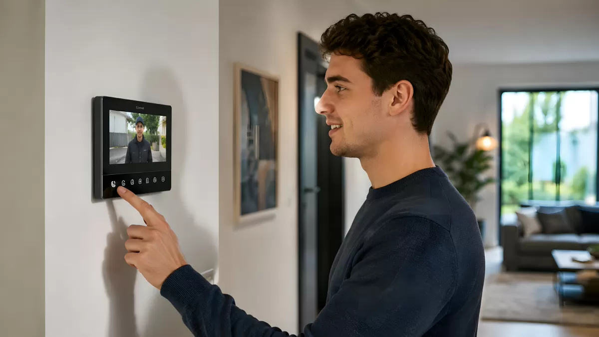 Mann bedient Videosprechanlage in modernem Zuhause