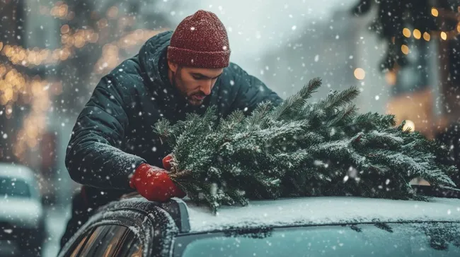 Mann beim Beladen eines Autos mit Weihnachtsbaum im Schneefall