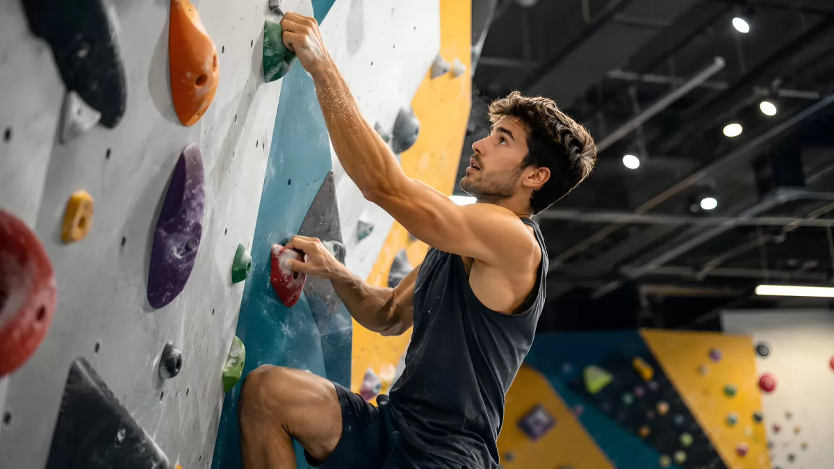 Mann beim Bouldern an bunter Kletterwand in Halle
