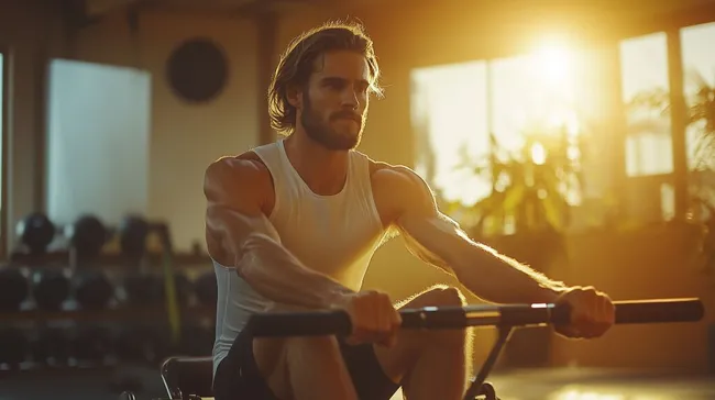 Mann beim Rudern im hellen Fitnessstudio