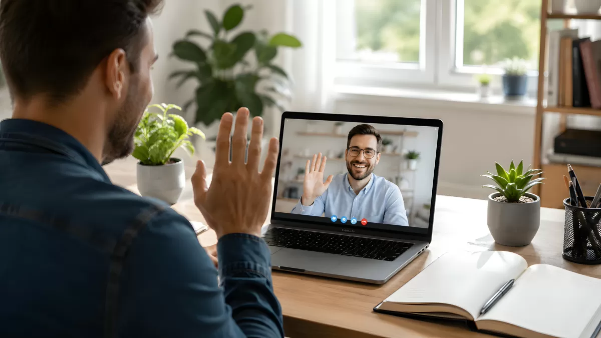 Mann beim Videoanruf mit Kollegen am Laptop
