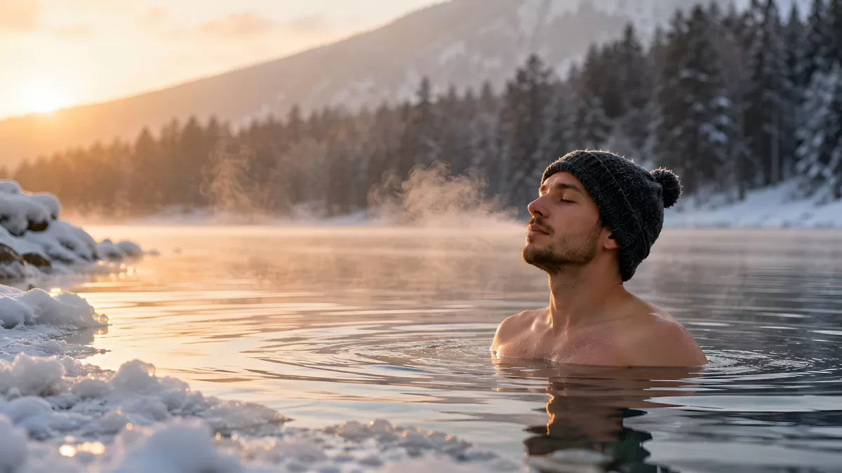 Mann beim Winterbaden im verschneiten Bergsee