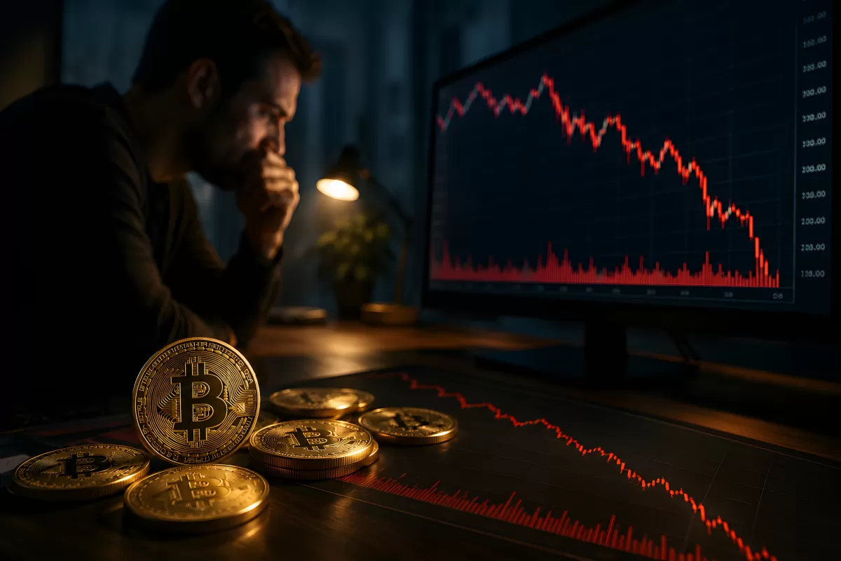 Mann beobachtet Bitcoin-Kurssturz am Bildschirm