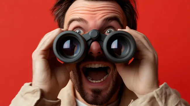 Mann betrachtet Welt mit großen Augen durch Fernglas