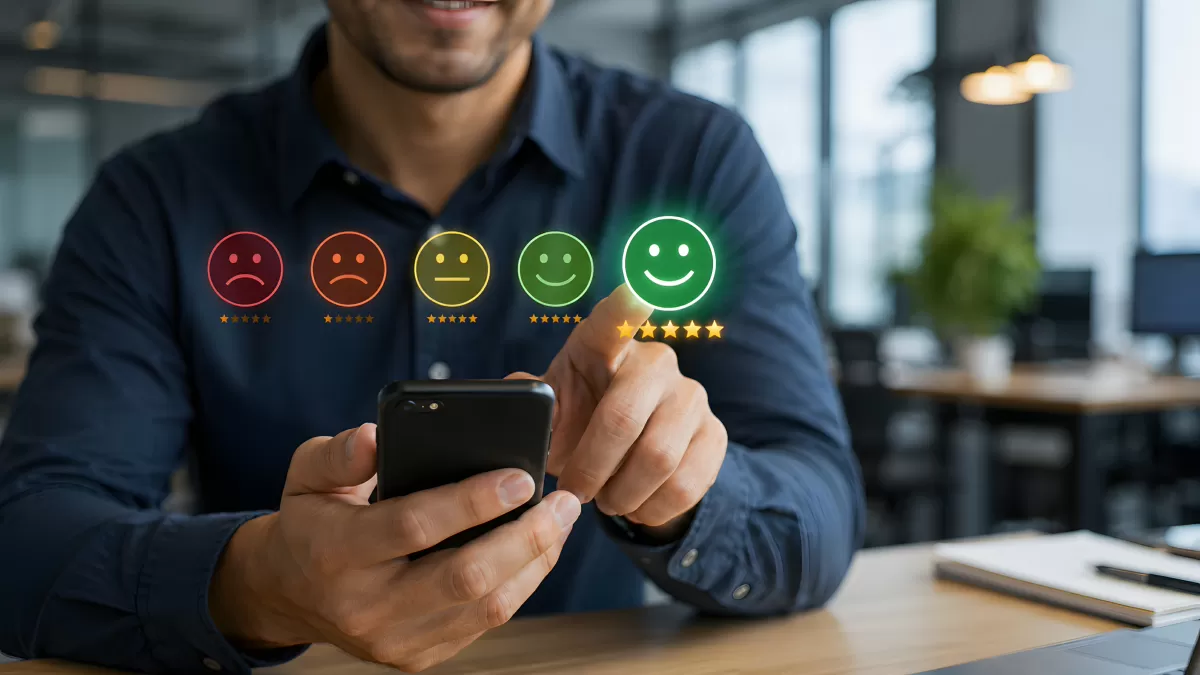Mann bewertet App mit fünf Sternen auf Smartphone