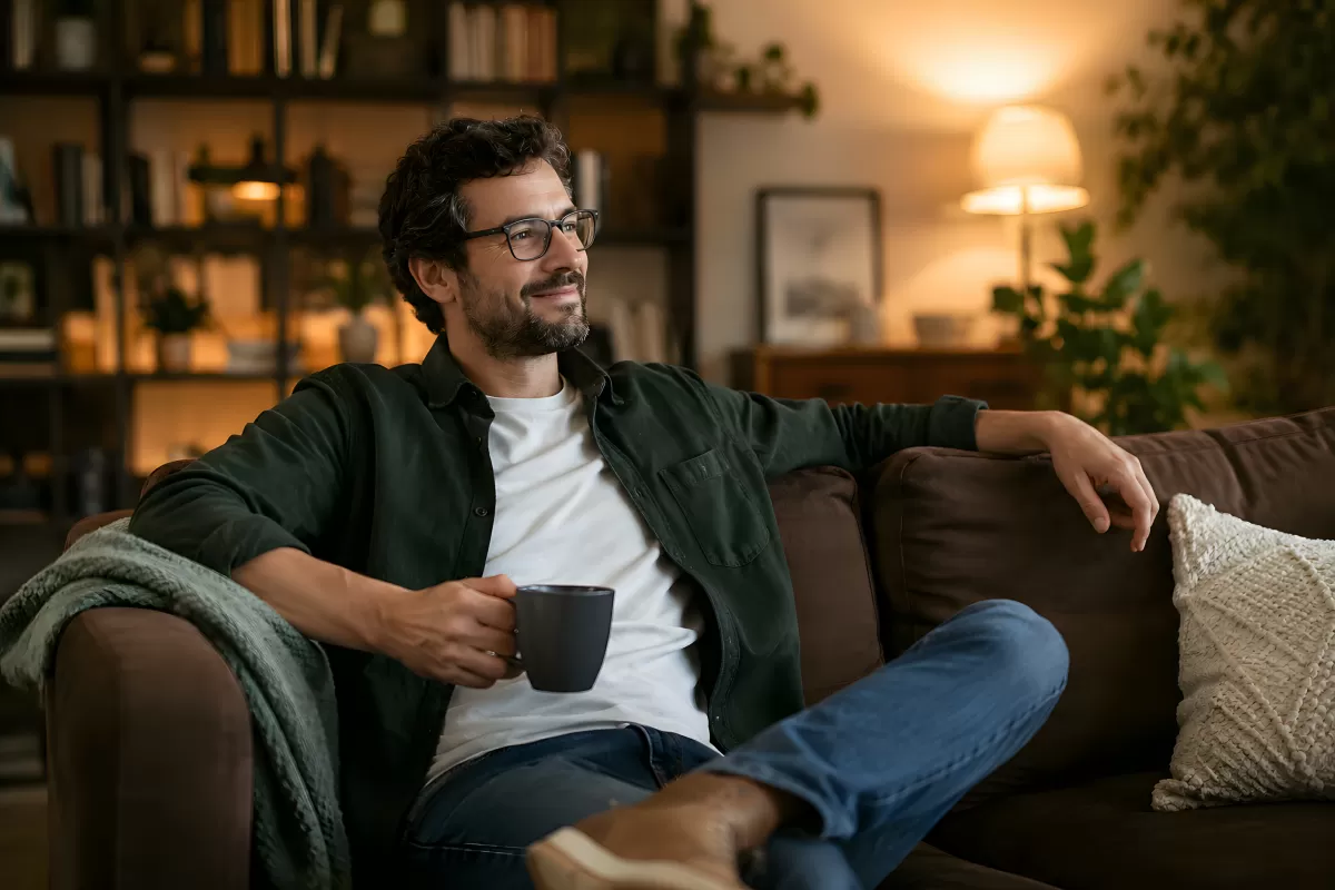 Mann entspannt auf Sofa mit Kaffeetasse im Wohnzimmer
