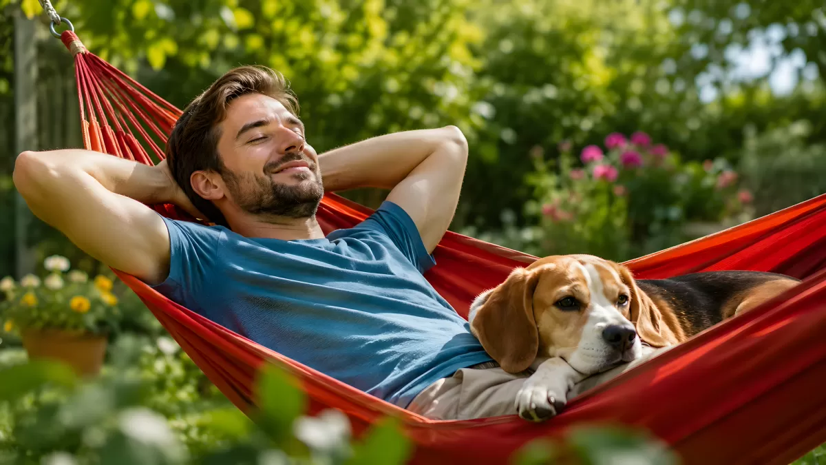 Mann entspannt mit Beagle in roter Hängematte im Garten