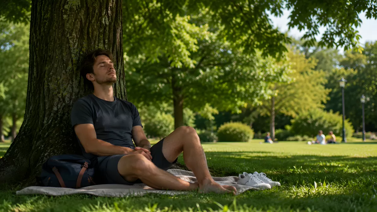 Mann entspannt sich unter Baum im grünen Park