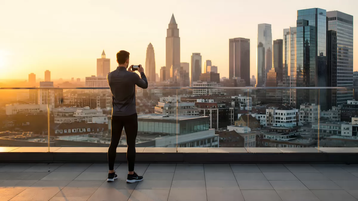 Mann fotografiert Stadtpanorama bei Sonnenaufgang