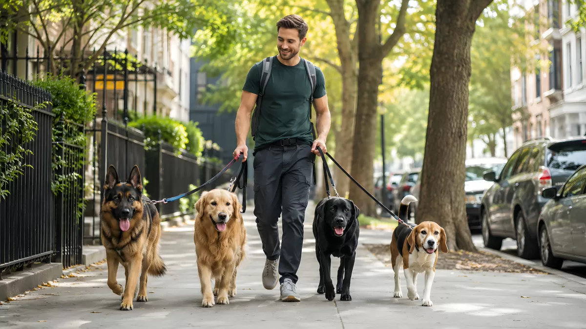 Mann führt vier Hunde an der Leine durch die Stadt
