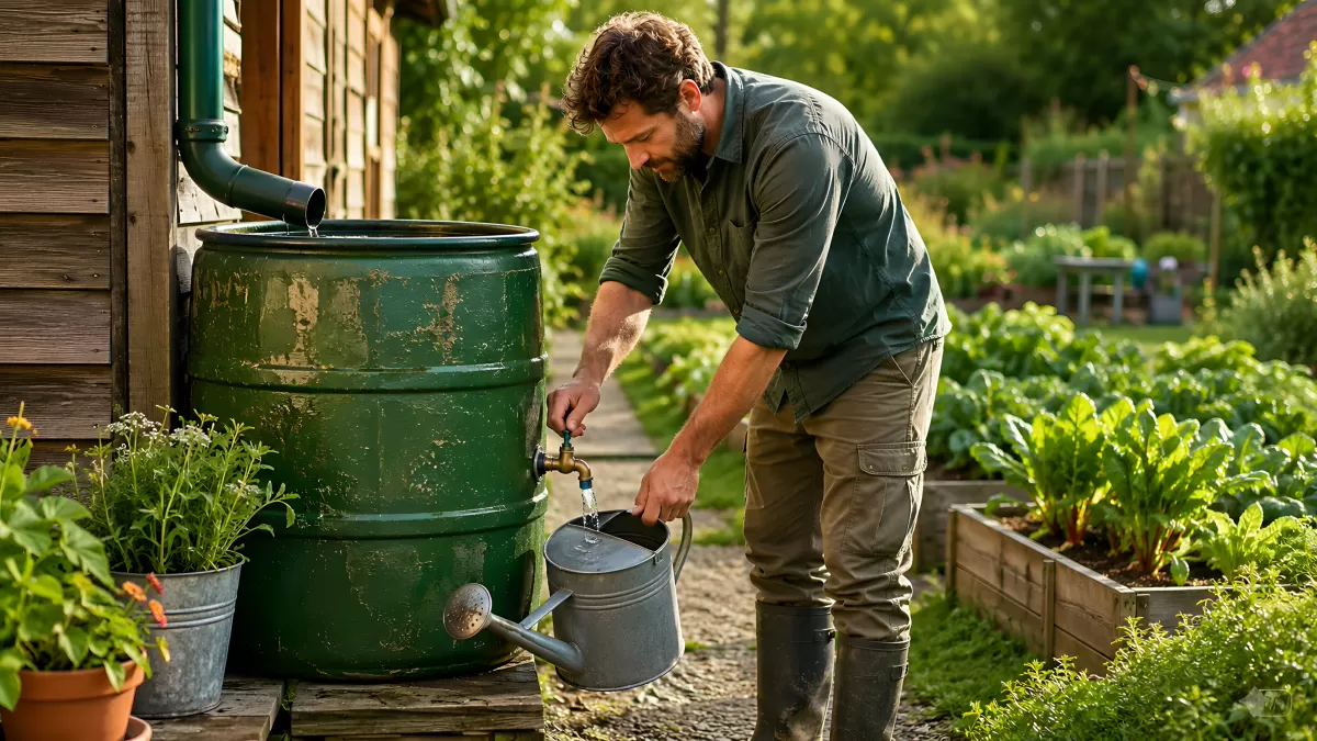 Mann füllt Gießkanne an grüner Regentonne im Gemüsegarten