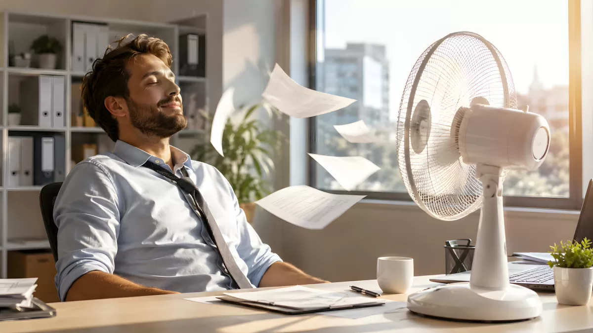 Mann genießt Ventilator im Büro an heißem Sommertag