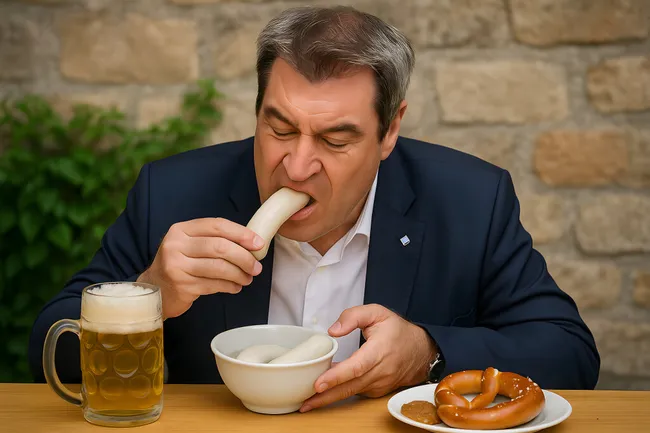 Mann genießt Weißwurst, Bier und Brezel in traditionellem Ambiente