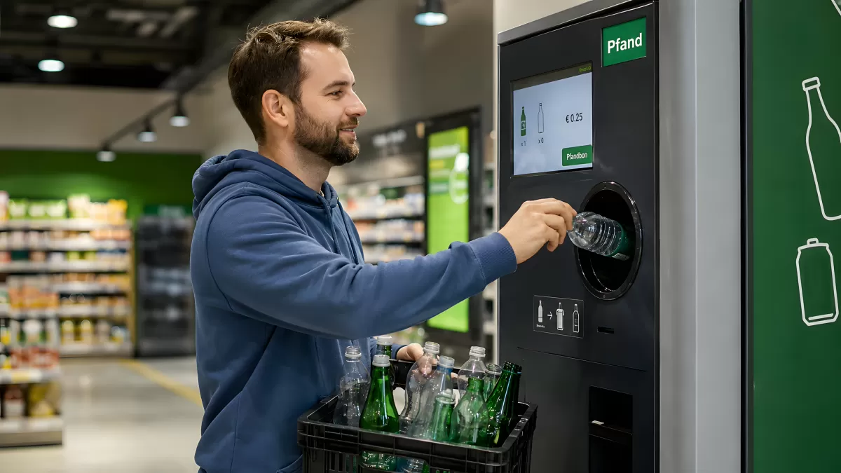 Mann gibt Pfandflaschen am Automaten im Supermarkt ab
