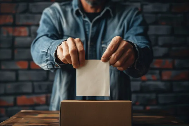 Mann gibt Stimmzettel in Wahlurne ab