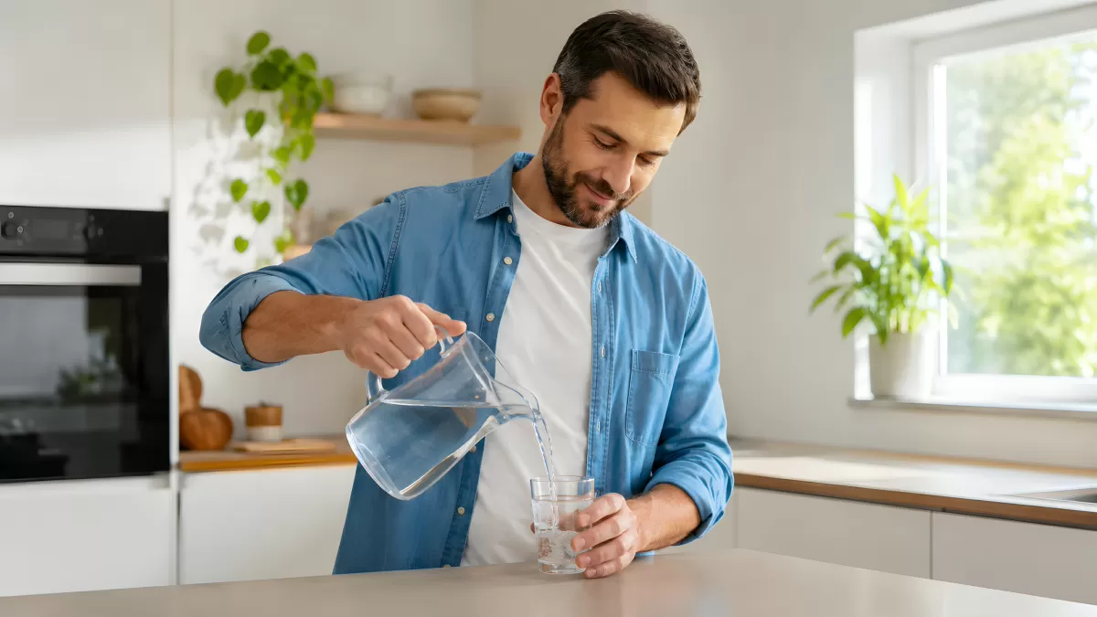 Mann gießt Wasser aus Karaffe in Glas in Küche — Bild kostenlos herunterladen