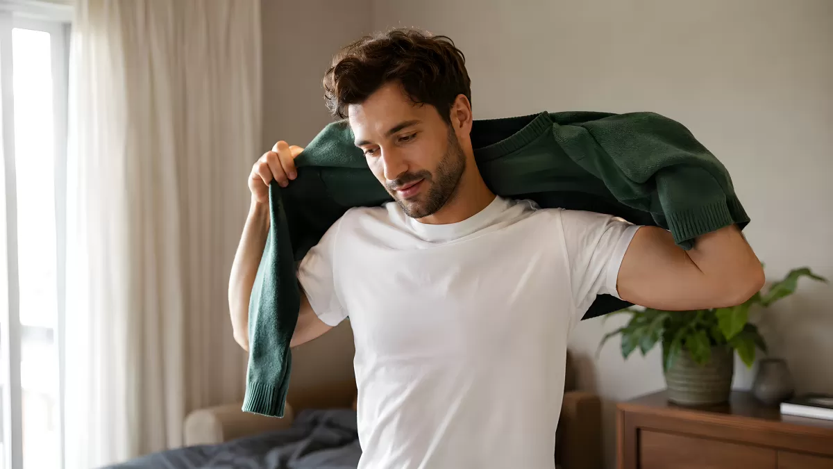 Mann hält grünen Pullover im hellen Schlafzimmer