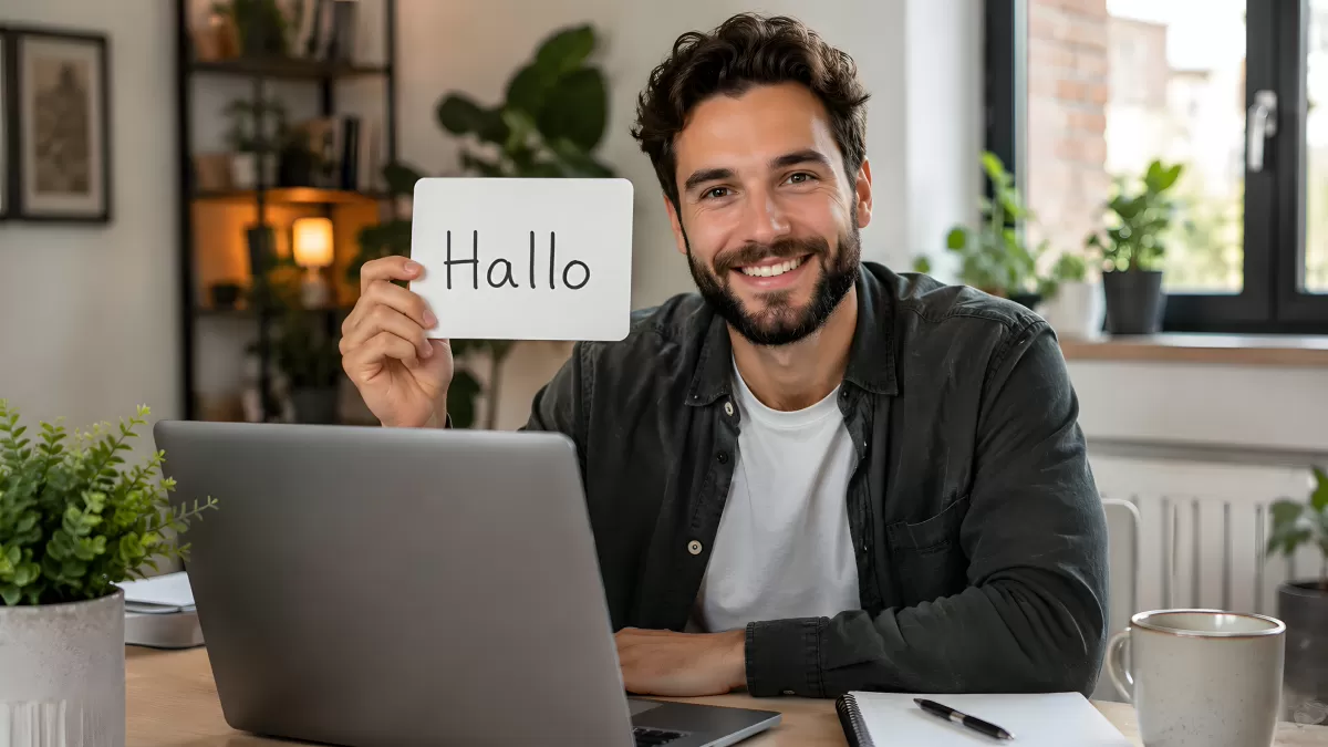 Mann hält Hallo-Schild beim Online-Sprachkurs am Laptop