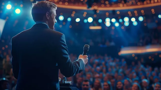 Mann hält Rede vor Publikum in blauer Bühnenbeleuchtung