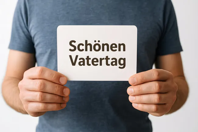 Mann hält Schild mit deutschem Text für Vatertag
