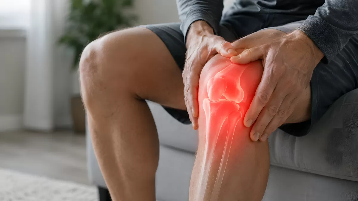 Mann hält schmerzende Knie mit Skelett-Darstellung