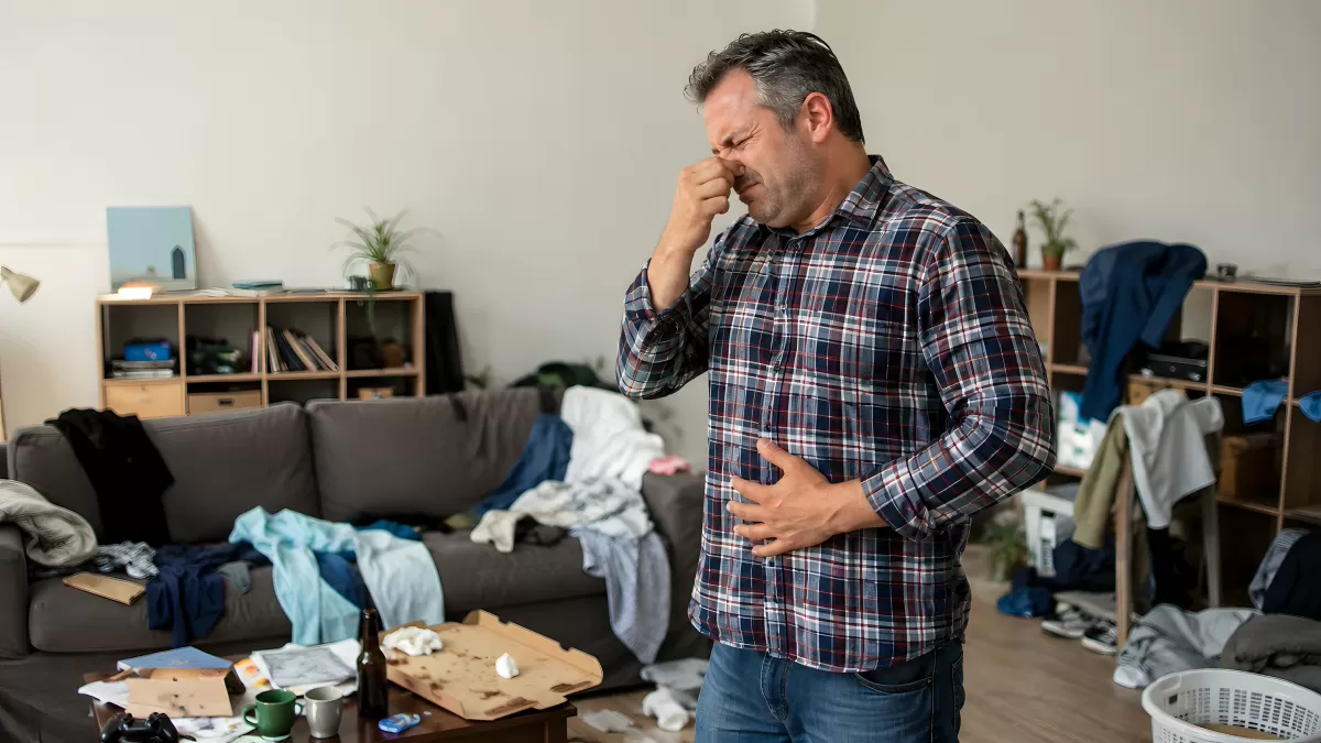 Mann hält sich die Nase in unordentlichem Wohnzimmer