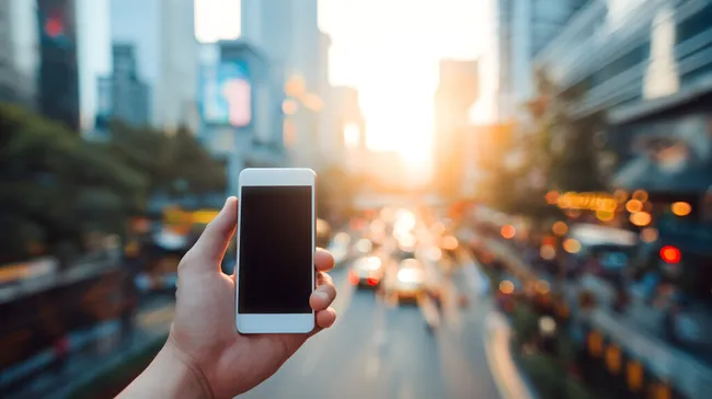 Mann hält Smartphone in moderner Großstadt bei Sonnenuntergang