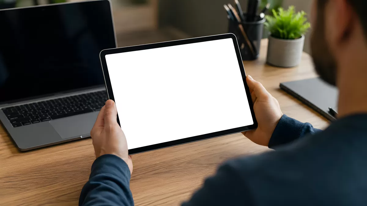 Mann hält Tablet mit weißem Bildschirm am Schreibtisch