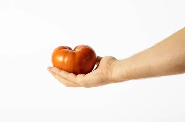 Mann hält großer Tomate in der Hand