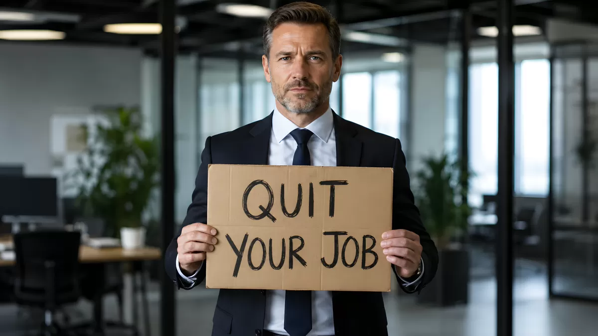 Mann im Anzug hält Schild mit Quit Your Job