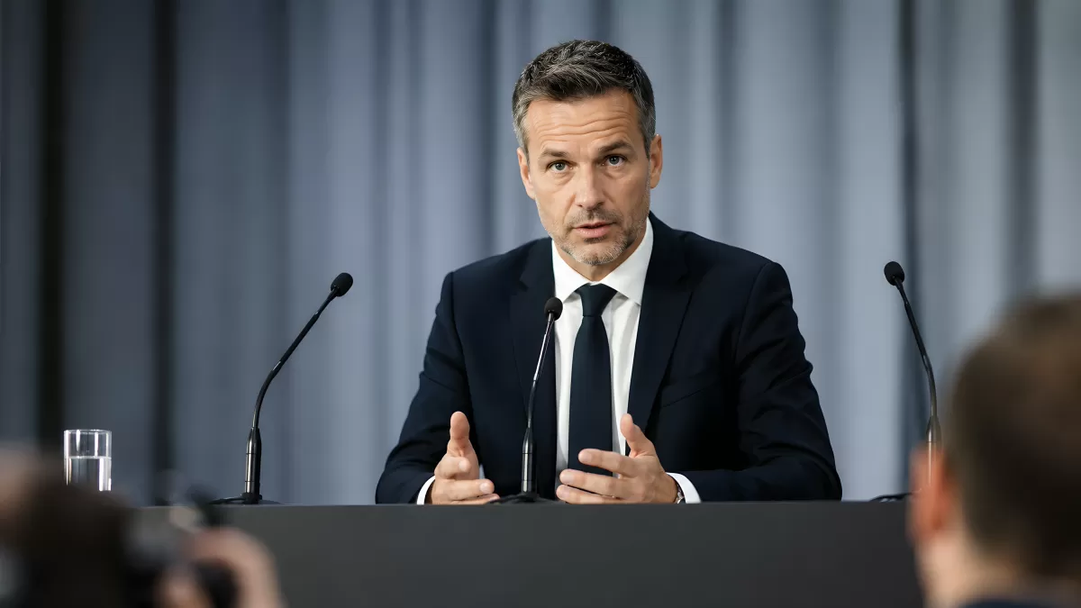 Mann im Anzug spricht bei Pressekonferenz am Podium