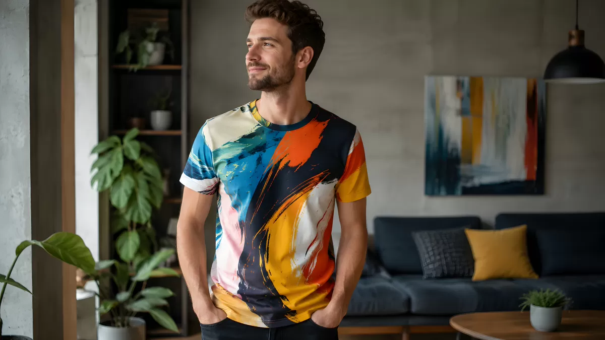Mann im bunten abstrakten T-Shirt im modernen Wohnzimmer